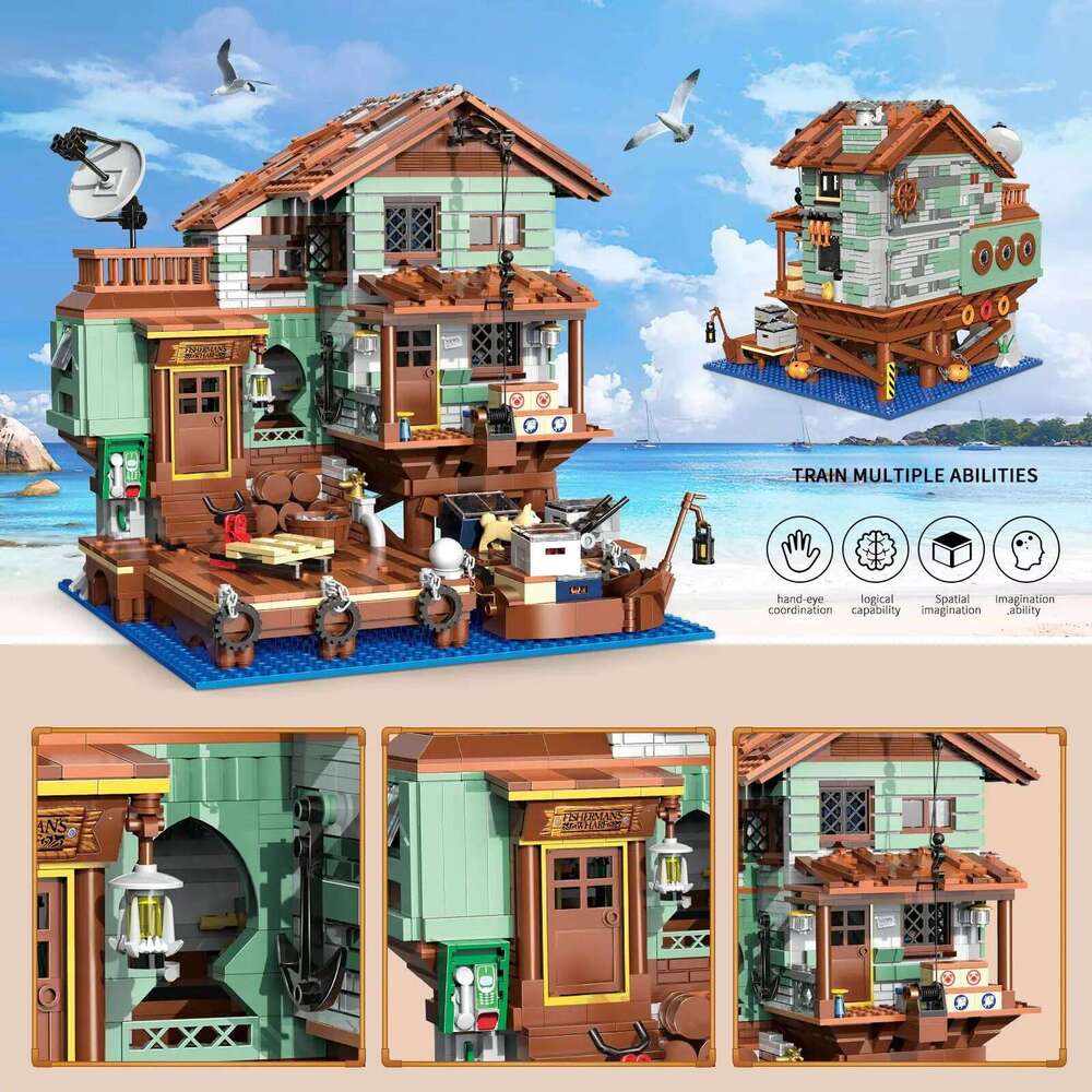 2100PCS Fisherman's Wharf Building Block Tree House Model Seaside Street View Boat Transportation Toys Children Holiday Gifts Z260305