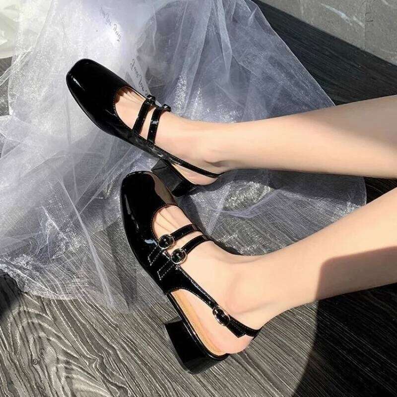 French Vintage Double Buckle Strap BackOpen Summer New Fashionable VintageLarge Heel Mary Jane single ShoesWomen's Rubber Upper