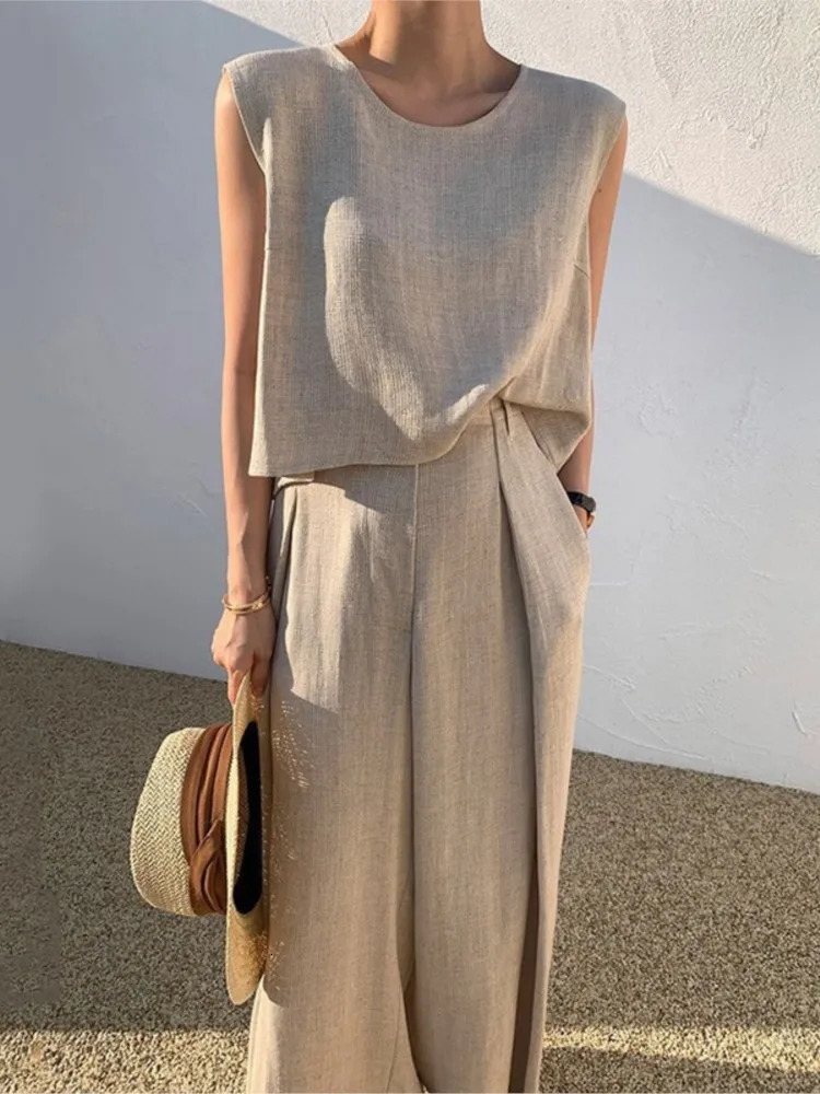 Cotton Linen Fashion Round Neck Sleeveless Vest Wide Leg Pants Two-piece Set Casual Loose Womens Set Style 260305