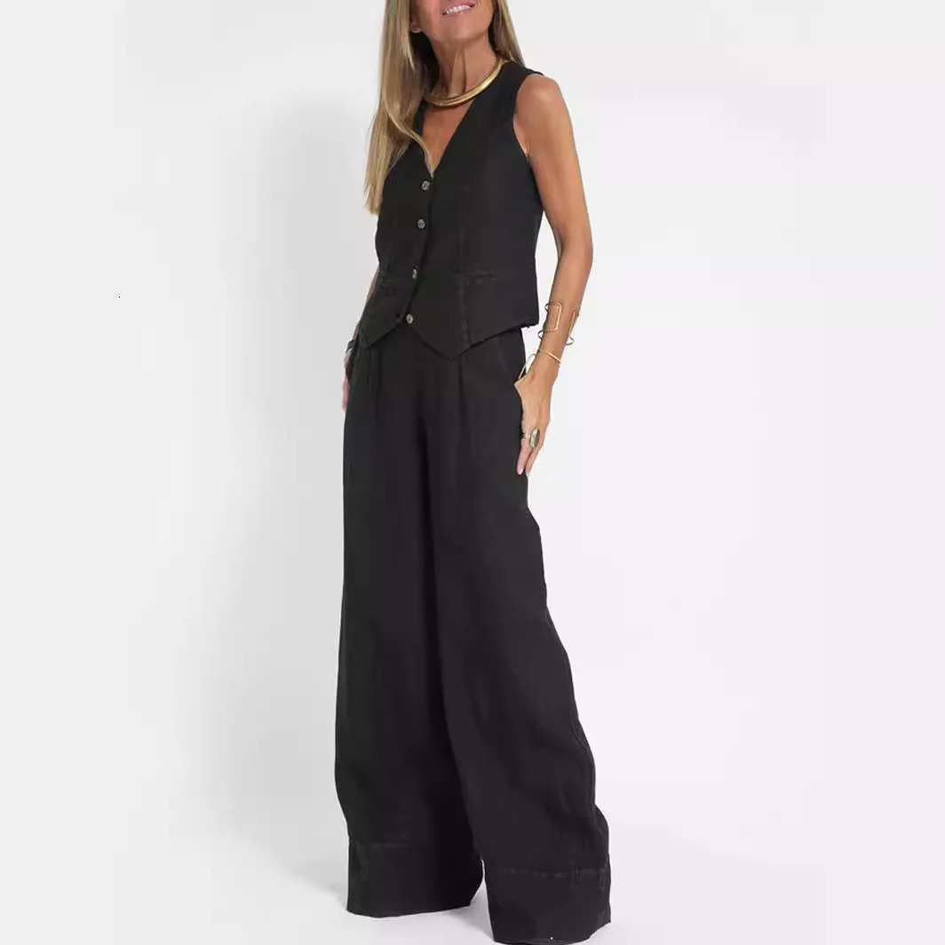 Summer And Autumn European And American Solid Color Fashion Vest Trousers Patchwork Cotton And Linen Casual Womens Suit 260305