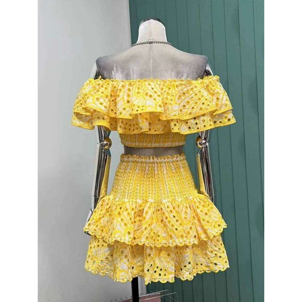 JAMERARY Summer Embroidery 2 Pieces Women Sets Slash Neck Elastic Ruffles Cropped Top + Mini Skirt Suits Hollow Out Outfits Mdng260306
