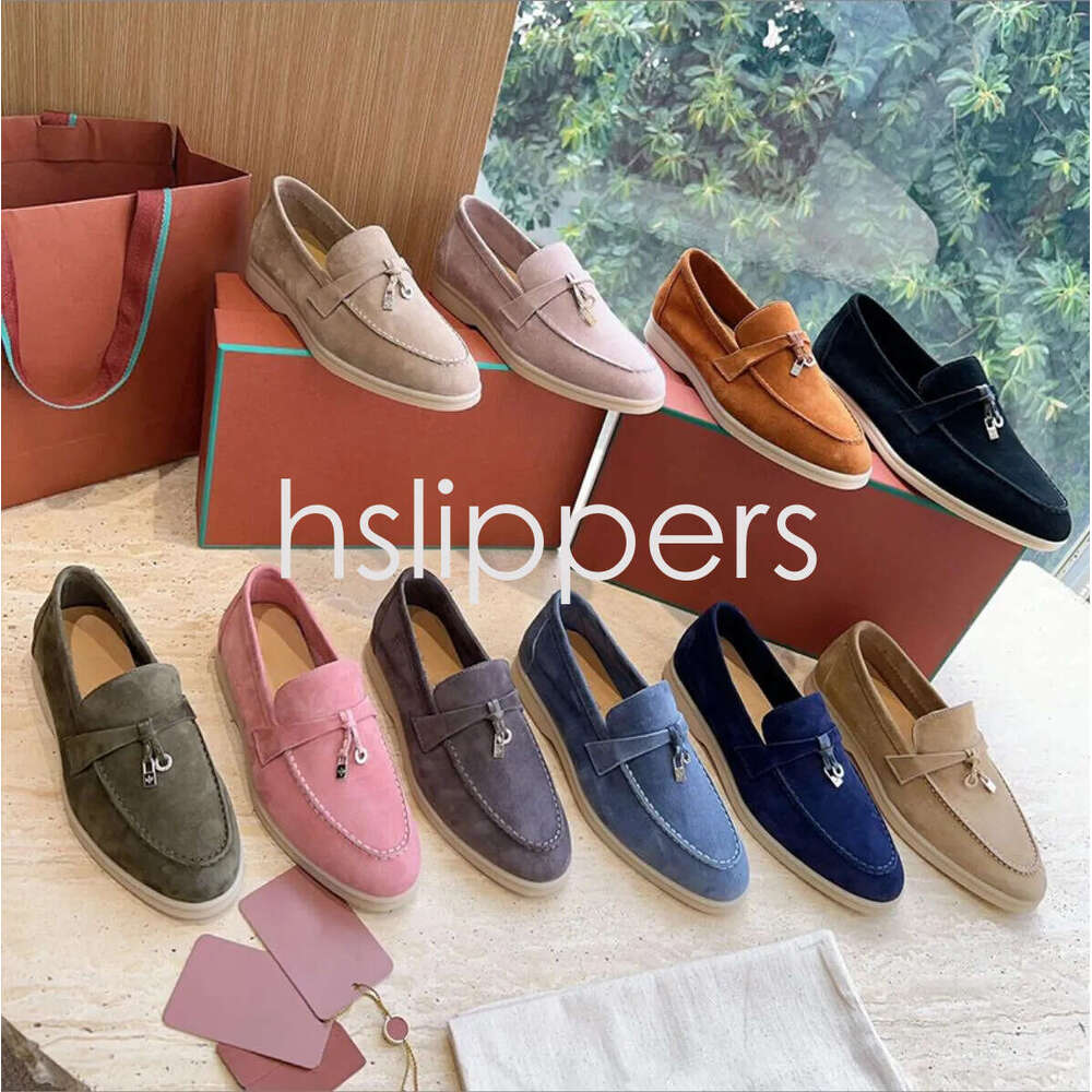 Brand Loafers Suede Tassel Woman Summer Ladies Slip on Women Gold or Silver Metal Lock Genuine Leather Decorate Round Toe Flat Mules Casual Shoes