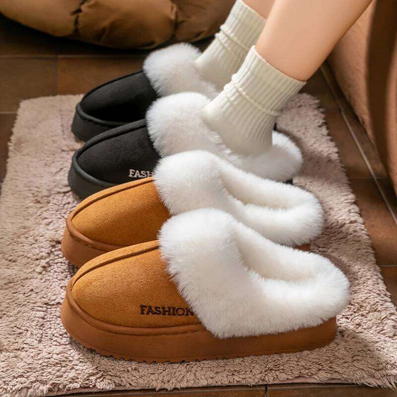 Platform Fluffy Slippers Women House Flats Fashion Plush Winter Warm Outdoor Indoor Shoes Ladies Home Elegant Casual Footwear