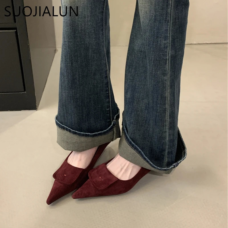 SUOJIALUN Autumn Women Pointed Toe Boat Shoes Fashion Red Ladies Elegant Dress Pumps Shoes Thin Low Heel Outdoor Dress Pump 260303
