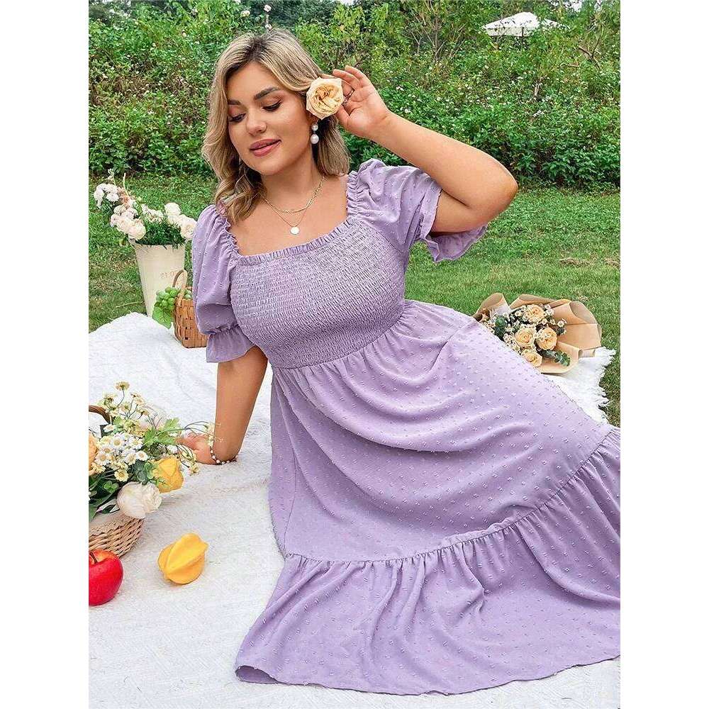 Plus Size Women's Pure Color Wrap Ruffle Hem Midi Square Neck Backless Short Sleeve Dress Elegant temperament