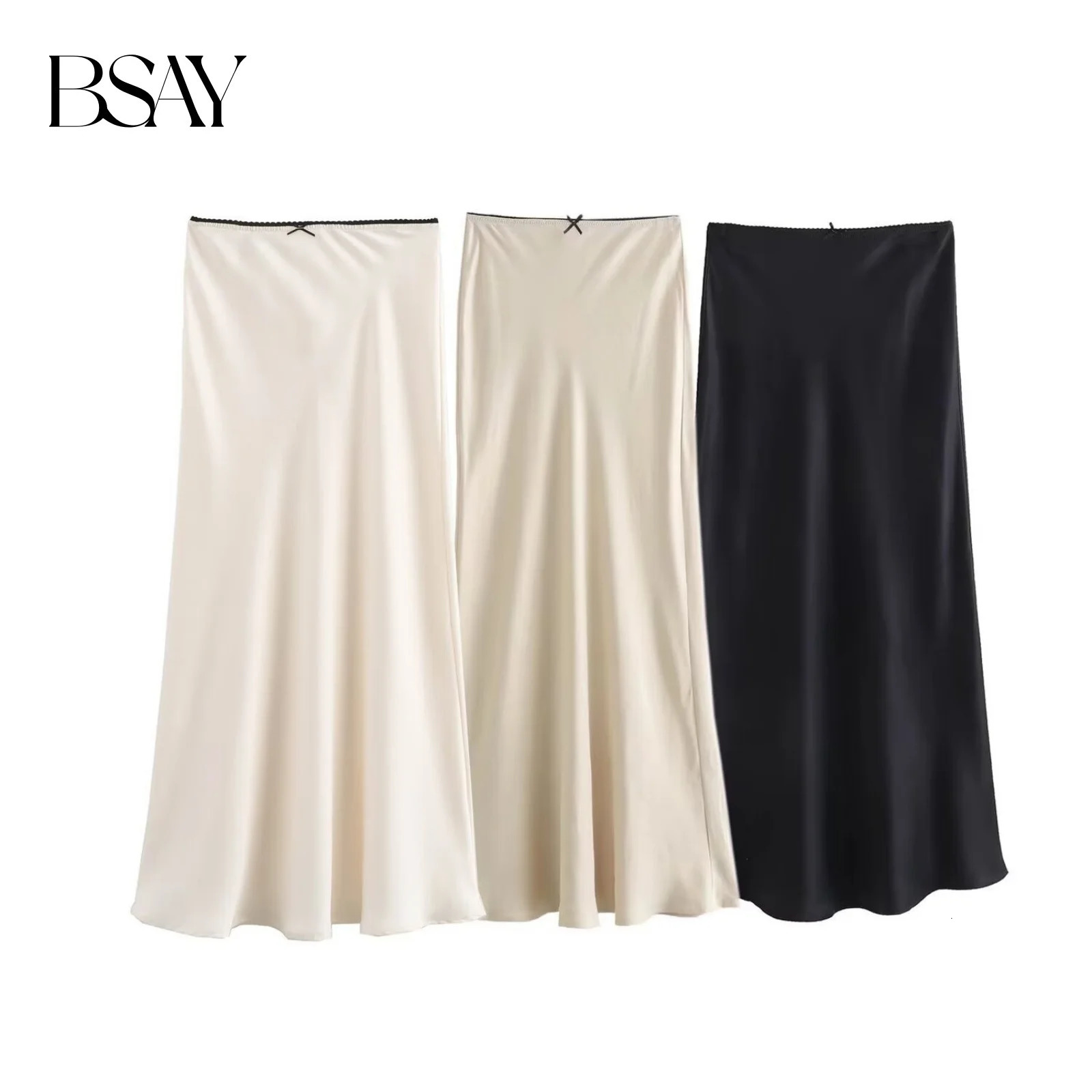 BSAY Women Fashion Spring Satin Texture Bow Decoration Vintage Chic Female High Waist H Line Long Skirts Mujer 260306