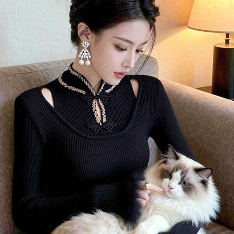 New Chinese-Style Buttoned Stand-Collar Knitted Sweater For Women, 2025 Autumn And Winter New Model, Elaborate Hollow-Out Long-Sleeve Base Top Asia Si