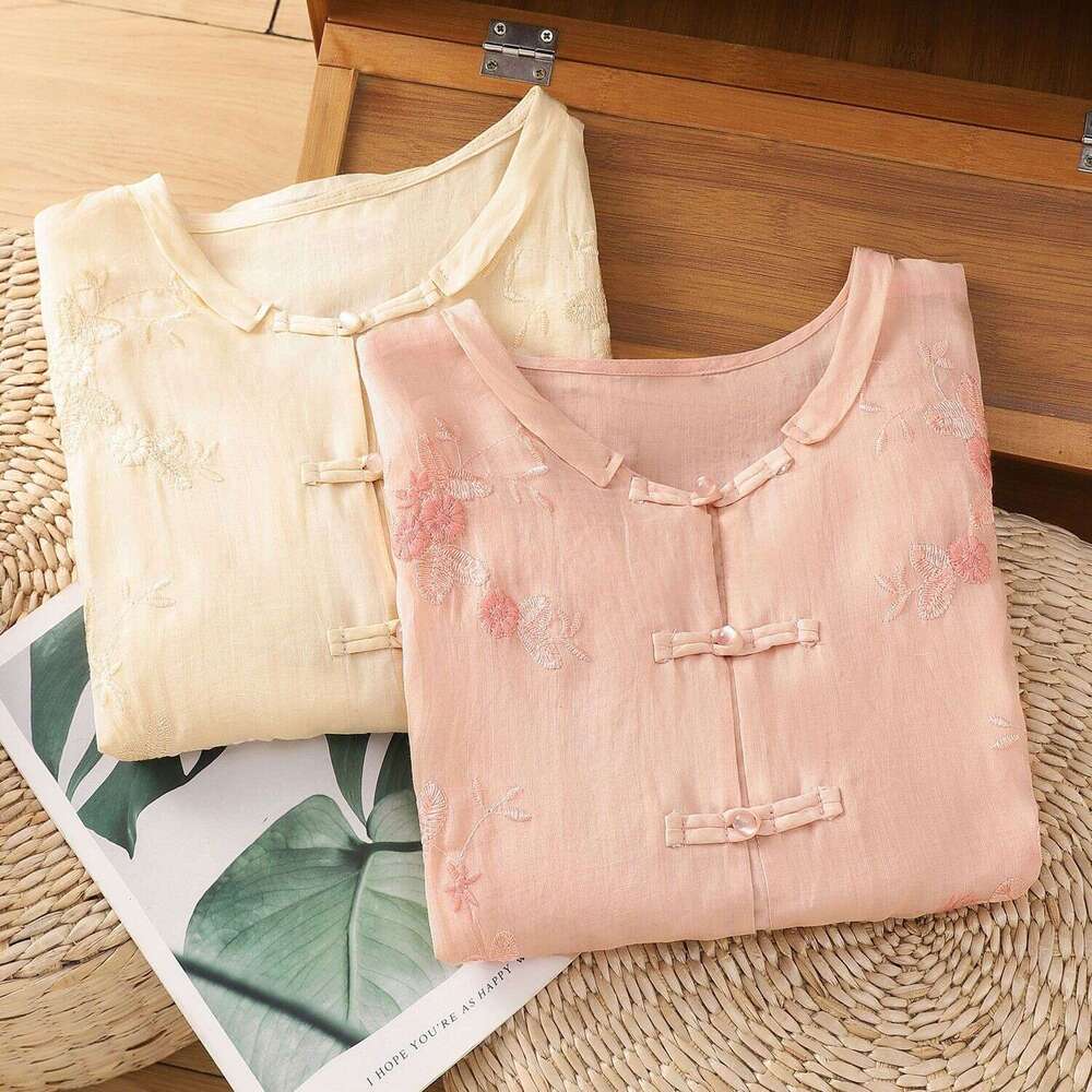 New Chinese style Sle Women's Cotton and Hemp Embroidered Short Sleeve Summer Thin Loose Top Button Classic A-line Version Short Sleeve