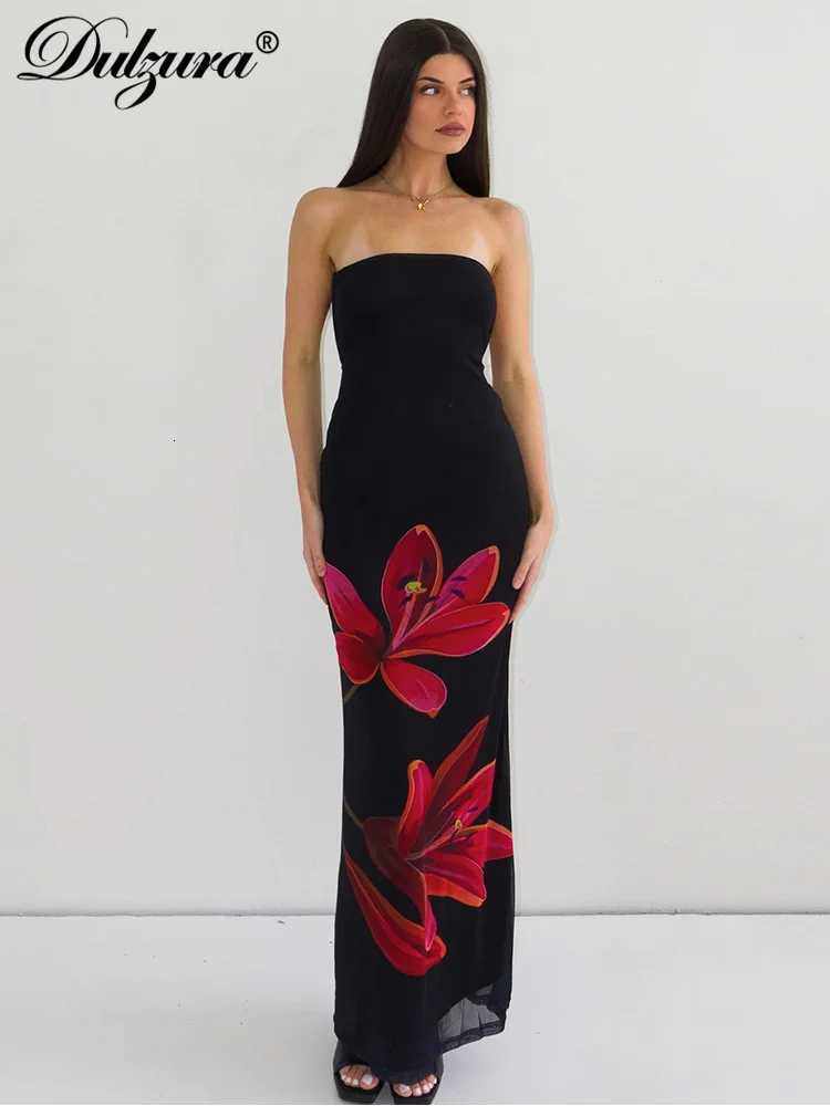 Dulzura Sleeveless Flower Print Tube Bodycon Midi Dress Backless Lace Up Elegant Sexy Outfit Party Club Autumn Winter X260306