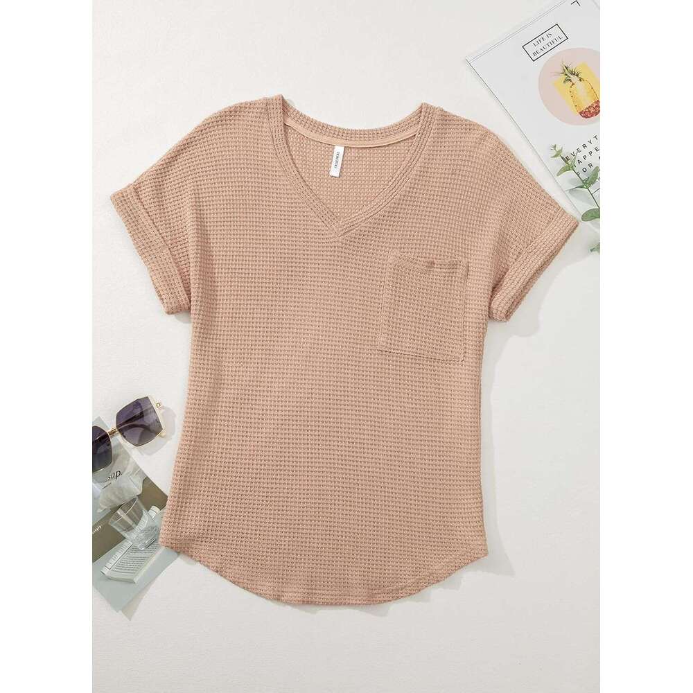 Womens Waffle Designer Knit Tops 2026 Spring Summer V Neck Shirts Casual Trendy Women's Blouses Basic Tee