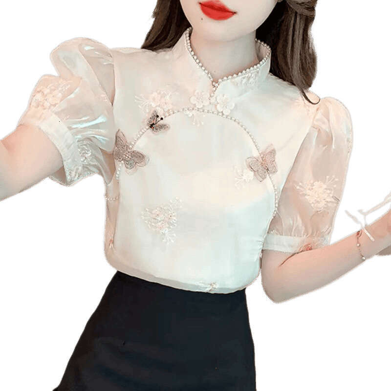2026 Women's Summer New Design FashionBubble shirt chiffon topable Embroidered Heavy Work Beaded Women's irt Standing collar butterfly embro