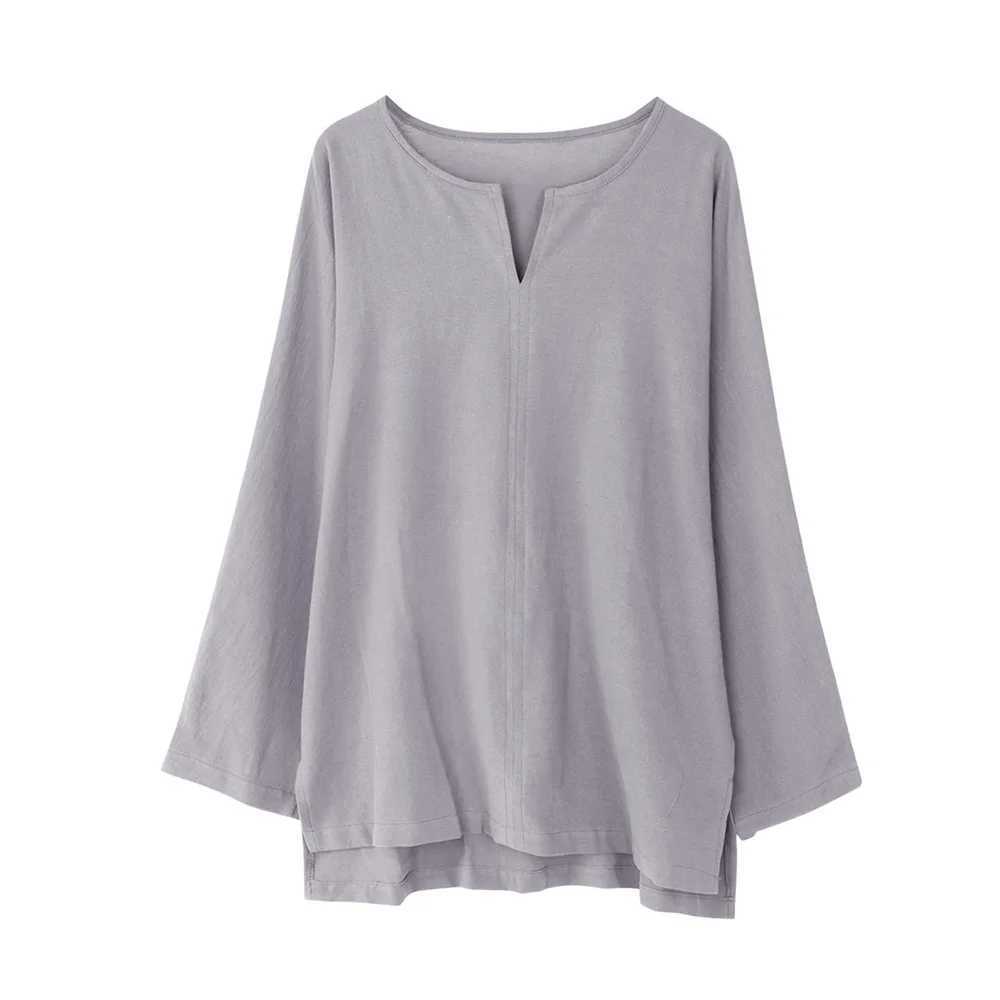 Spring New Mens Cotton Linen Long Sleeve Shirts Solid Color Loose Casual Soft Shirt Basic Daily Wear Fashion V-Neck Design M260305