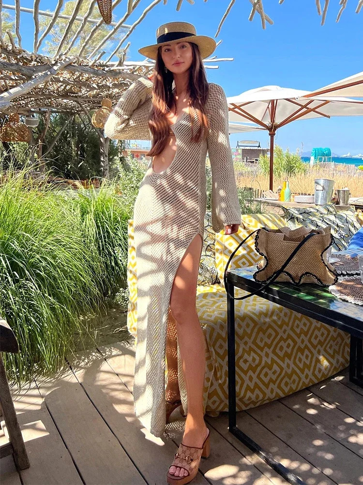 Solid Colour Beach Maxi Dress 2026 Women Summer Sexy Knit Flared Long Sleeve Slit Cut Out Swimsuit Cover Up Holiday Outfits K120 260228