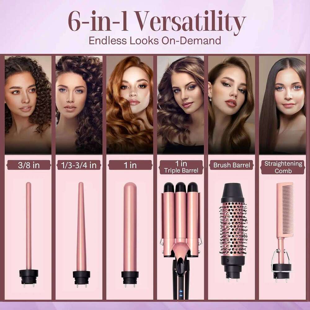 Curling Iron Set 6-in-1 Curler with 3 Barrel Crimper, Hair Straightener - Waver Heating Styling Tools for Women 26Y0306