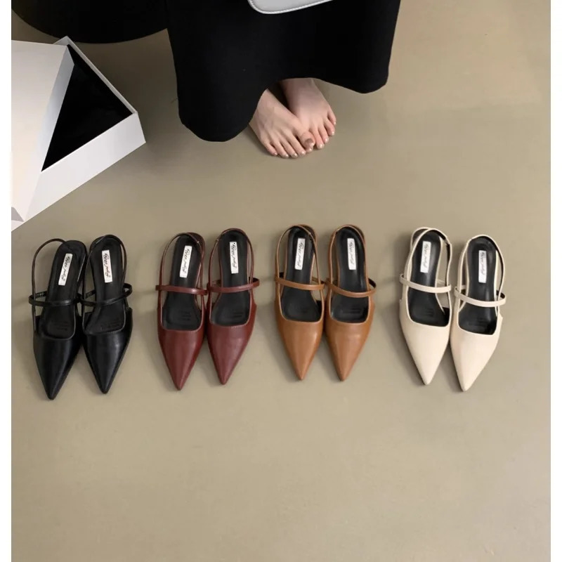 Women Leather Pu Casual Sandals Girl Fashion Mary Jane Shoes Slip on Flats Heels Ladies Pointed Toe Elegant Slingback Sandals 260303
