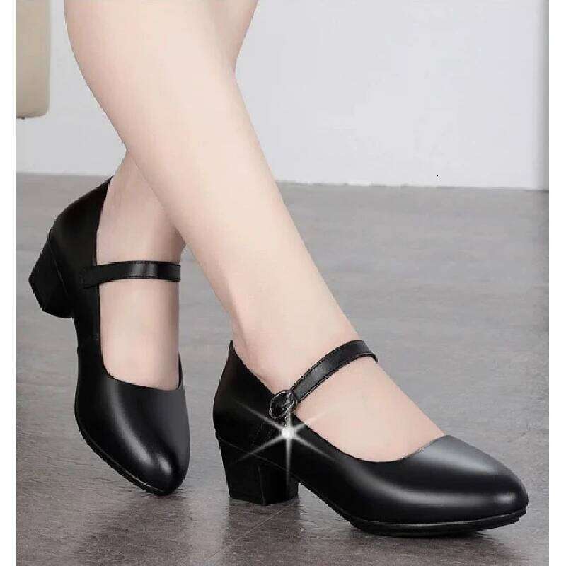 New A/W Women's Medium Heel Pumps - Soft Leather Non-Slip with Adjustable Buckle, Comfortable for Daily & Casual