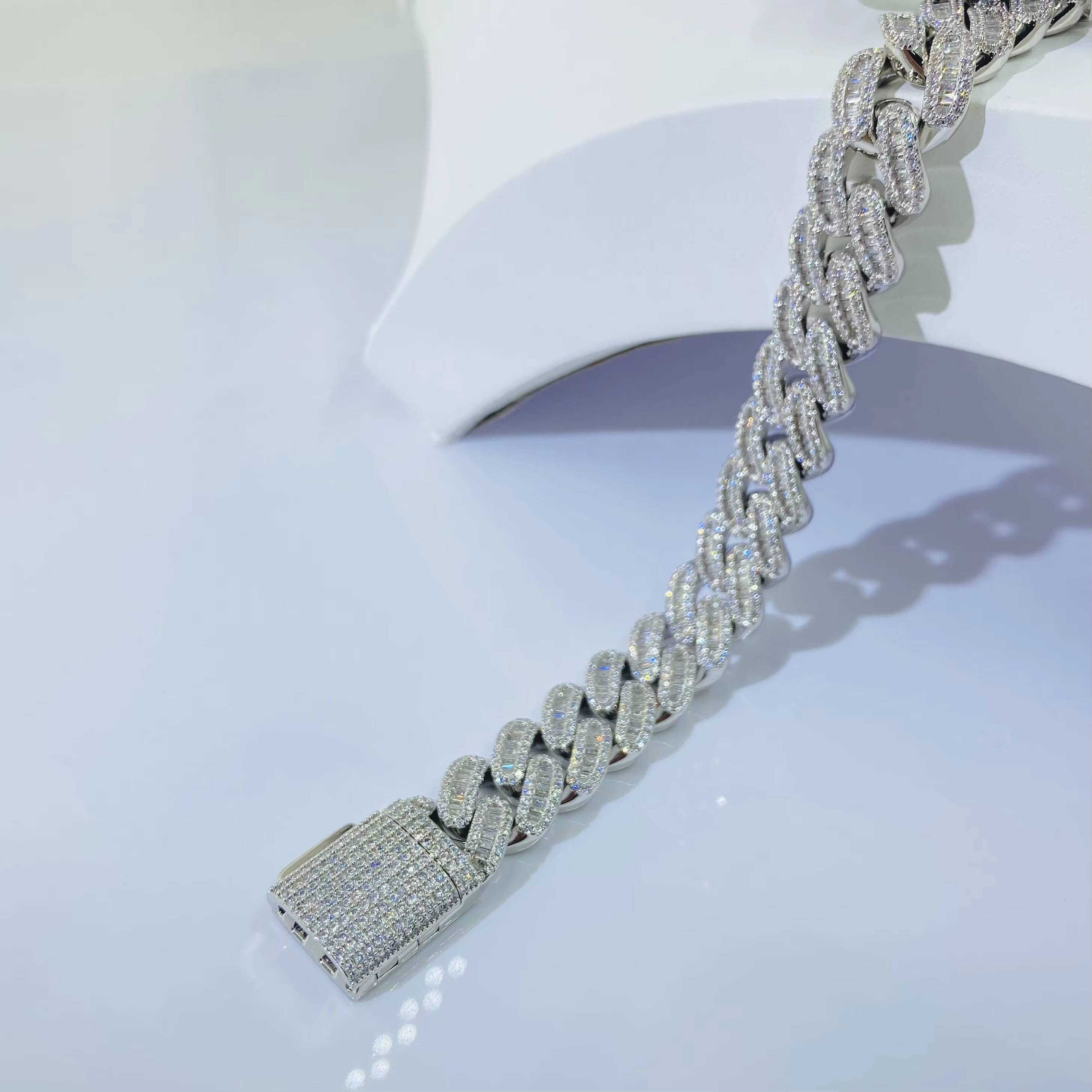 Moissanite Cuban Silver Over Silver Iced Out Chain Unisex Hip Hop Cuban Link White Brass Bracelets