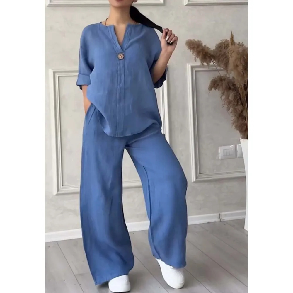 Fashion O Neck Long Sleeve Cotton Linen Shirt Suit Women Spring Autumn Casual Solid Color Pocket Pants Female Office 2 Piece Set 260304