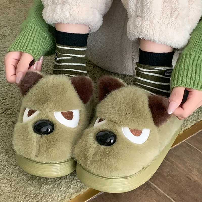 Husky Dog Faux Fur Couple Winter Slippers Chunky Platform Non Slip House Shoes Woman Comfort Fluffy Plush Outdoor Slippers Women S260305