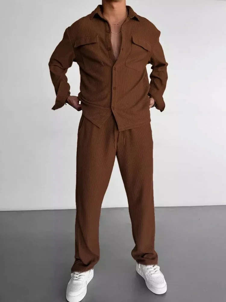 2026 Spring Casual Mens Two Piece Suits Streetwear Men Vintage Solid Color Lapel Corduroy Jacket and Pants Outfits Mens Clothing 260227