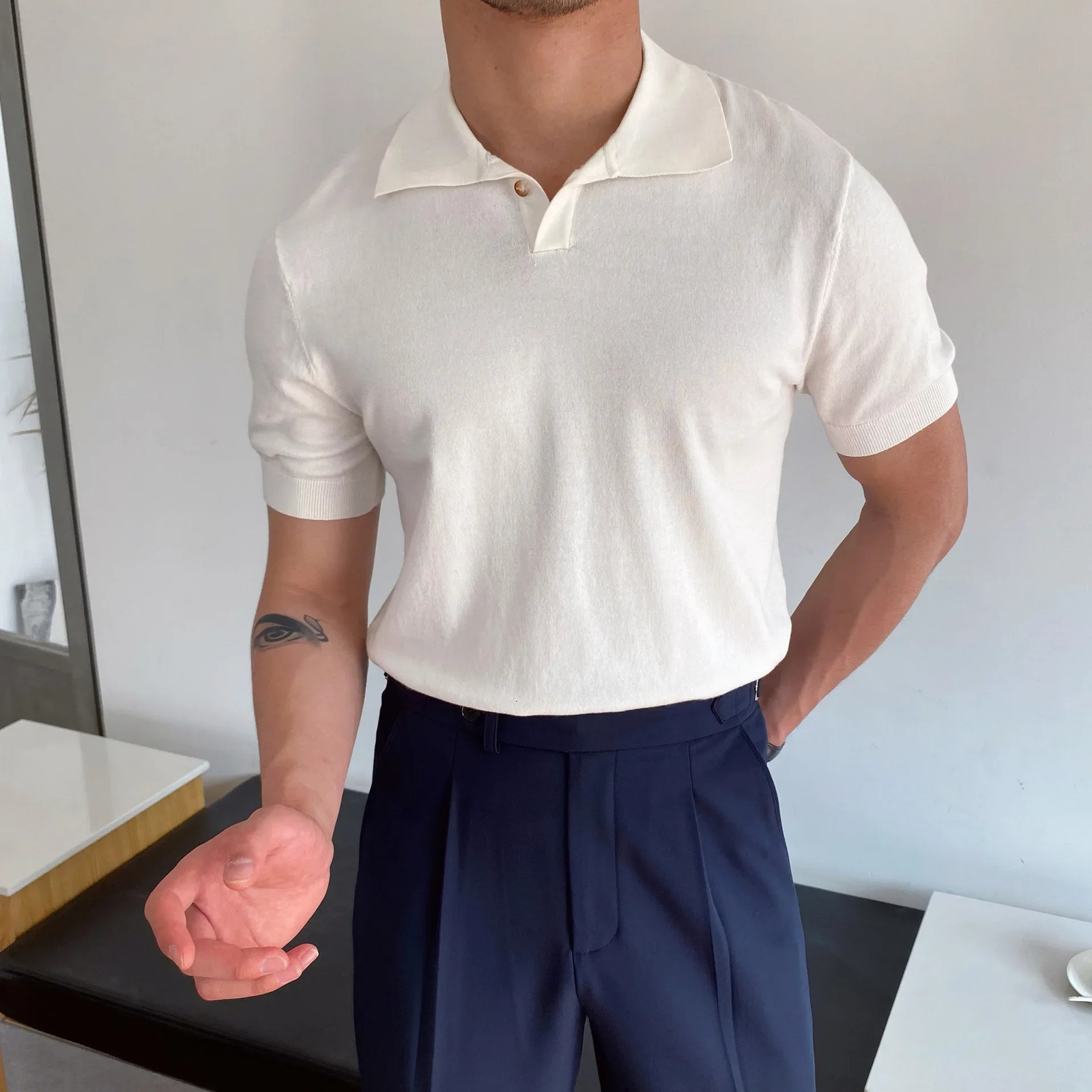 Mens Polo Shirt ElbowSleeved Tshirt Fashion Collar SlimFit Men Clothing Woolen Sports Tee Man Golf EUR 260302
