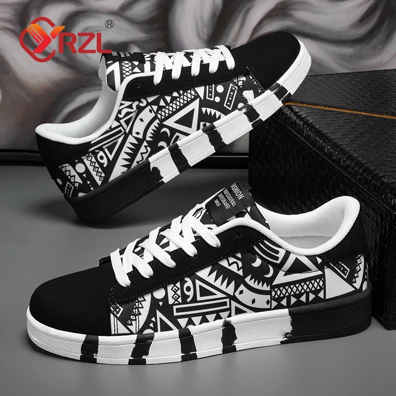YRZL Mens Sports Running Shoes Canvas Geometric Style Lace-Up Sneakers Couples Fashionable Graffiti Print Skate Shoes Men 260305