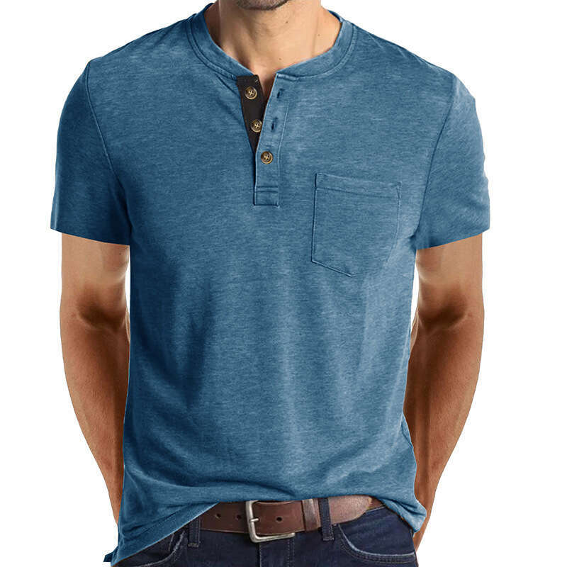 2024 Summer European and American Short Sleeve Foreign Trade Men's Henley T-Shirt Cross-Border Clothing Crew Neck Top