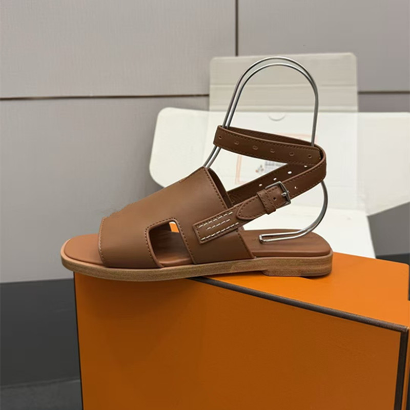 designer sandals Womens sandals Santorini sandals H sandals Leather sandals Round-head buckle strappy sandal Flat brown sandals summer Beach Strap sandals 35-41