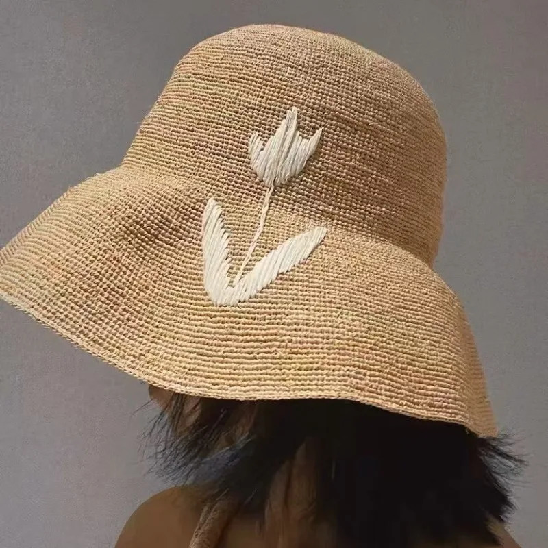 Natural Raffia Hand-woven Sun Hat for Women Summer Sun Protection UV Wide Brim Beach Straw Hat Korean Block Hat 260228