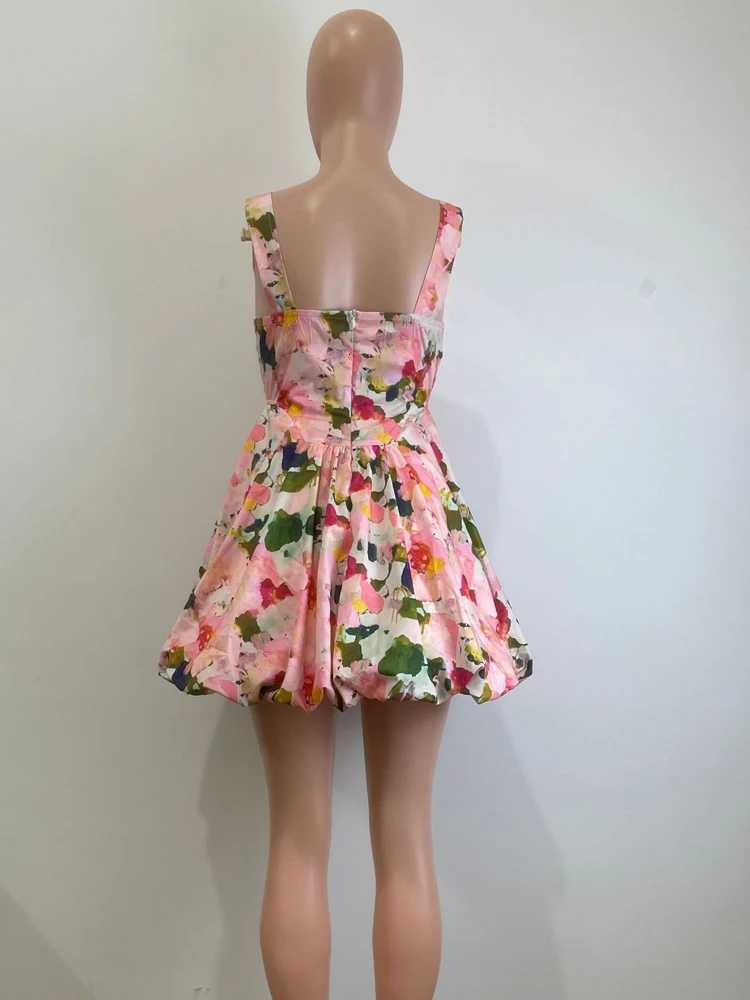 Beyprern Stylish U Neck Floral Bubble Hem Mini Dress Summer Sundress Chic Womens Sleeveless Flower Short Dress Vacation Outfits X260306