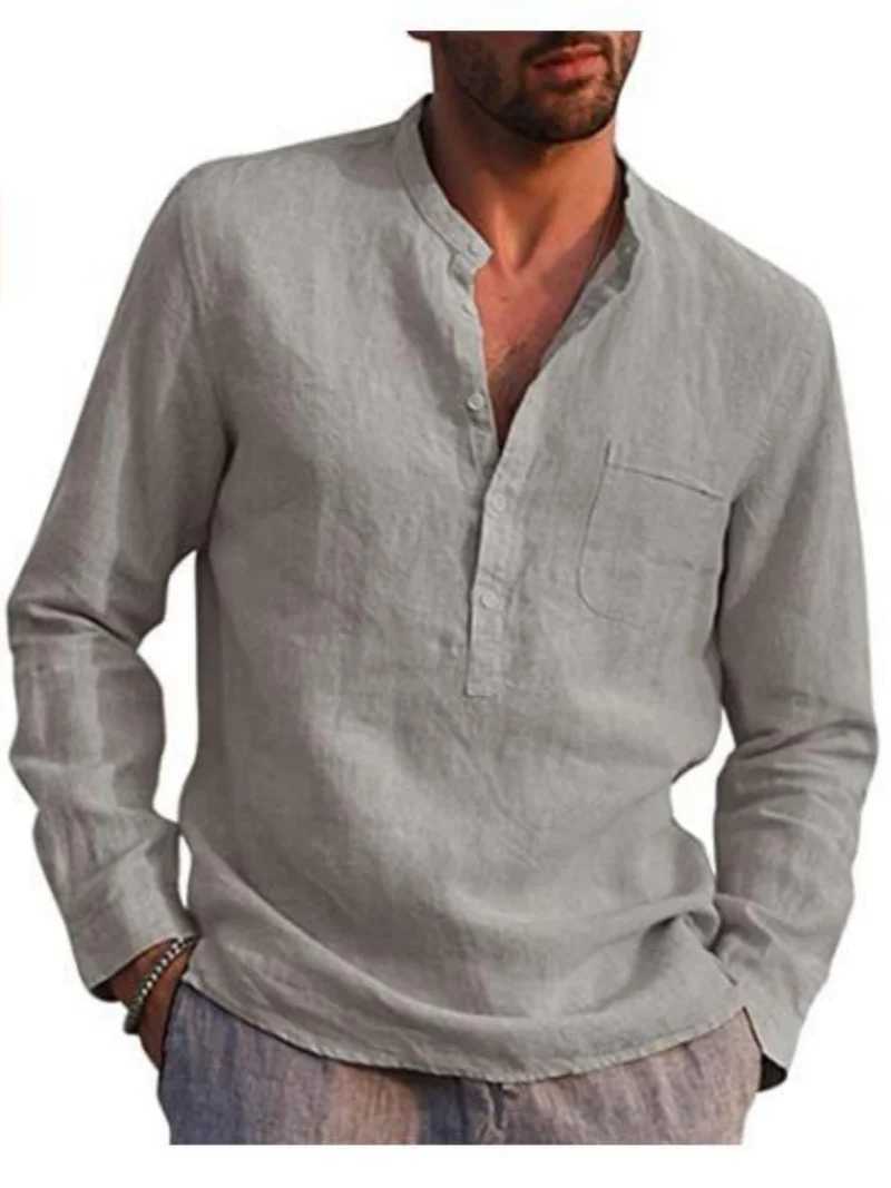 Mens Linen Long Sleeve Shirt - Stand Collar Button-Front Single Chest Pocket Casual Tops for Spring Summer M260305