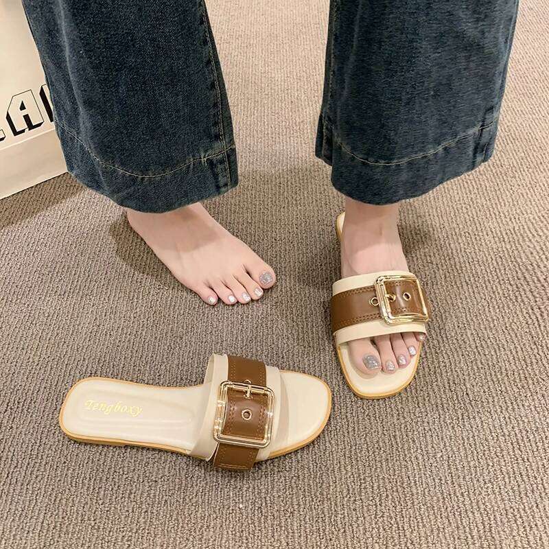 2025 Summer New Fashionable One Word Buckle Design Women's Comfortable Non slip Slippers Casual Flat Heeled Sandals