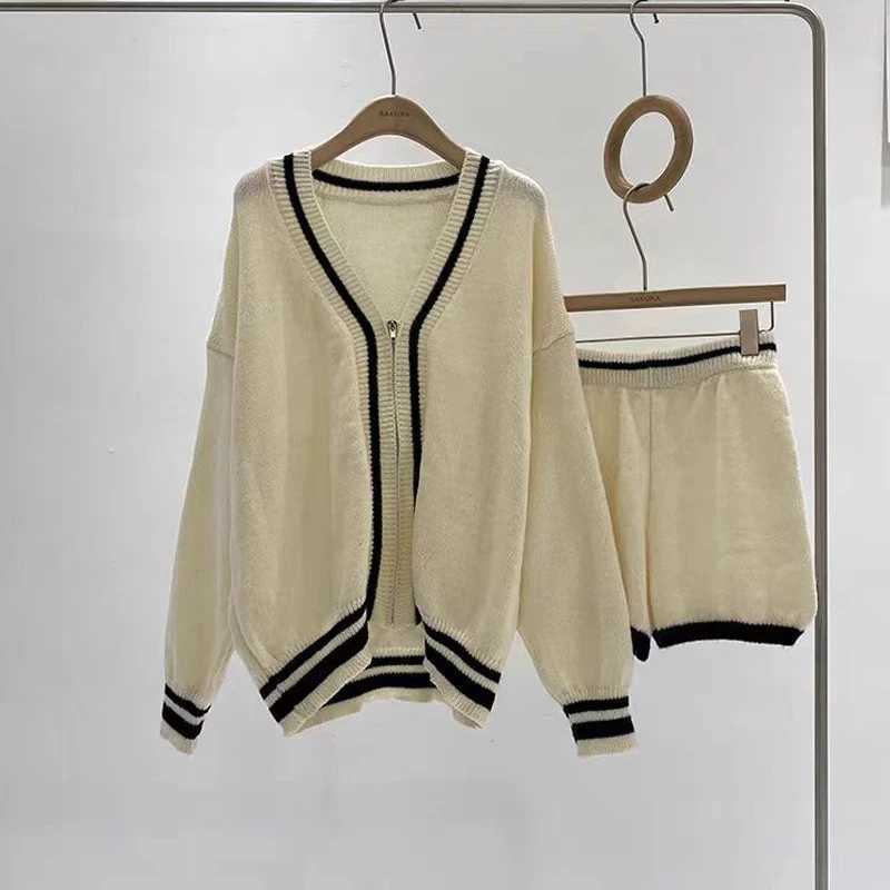 Fashion V Neck Long Sleeve Cardigans Women Sweaters Knitted Loose Shorts Two 2 Pieces Sets Casual Office Simple Zipper Outfits M260306