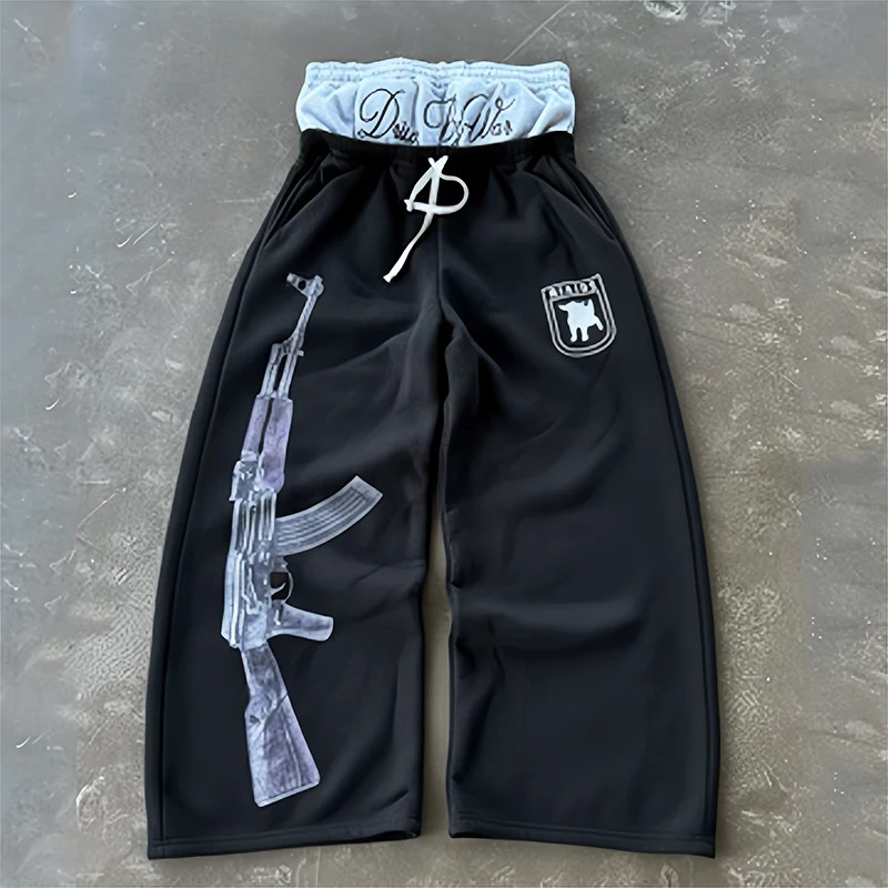 Y2K High-Waisted Printed Embroidered Street Guard Pants Spring Summer Casual Straight Leg Double Waist Fashionable 260303