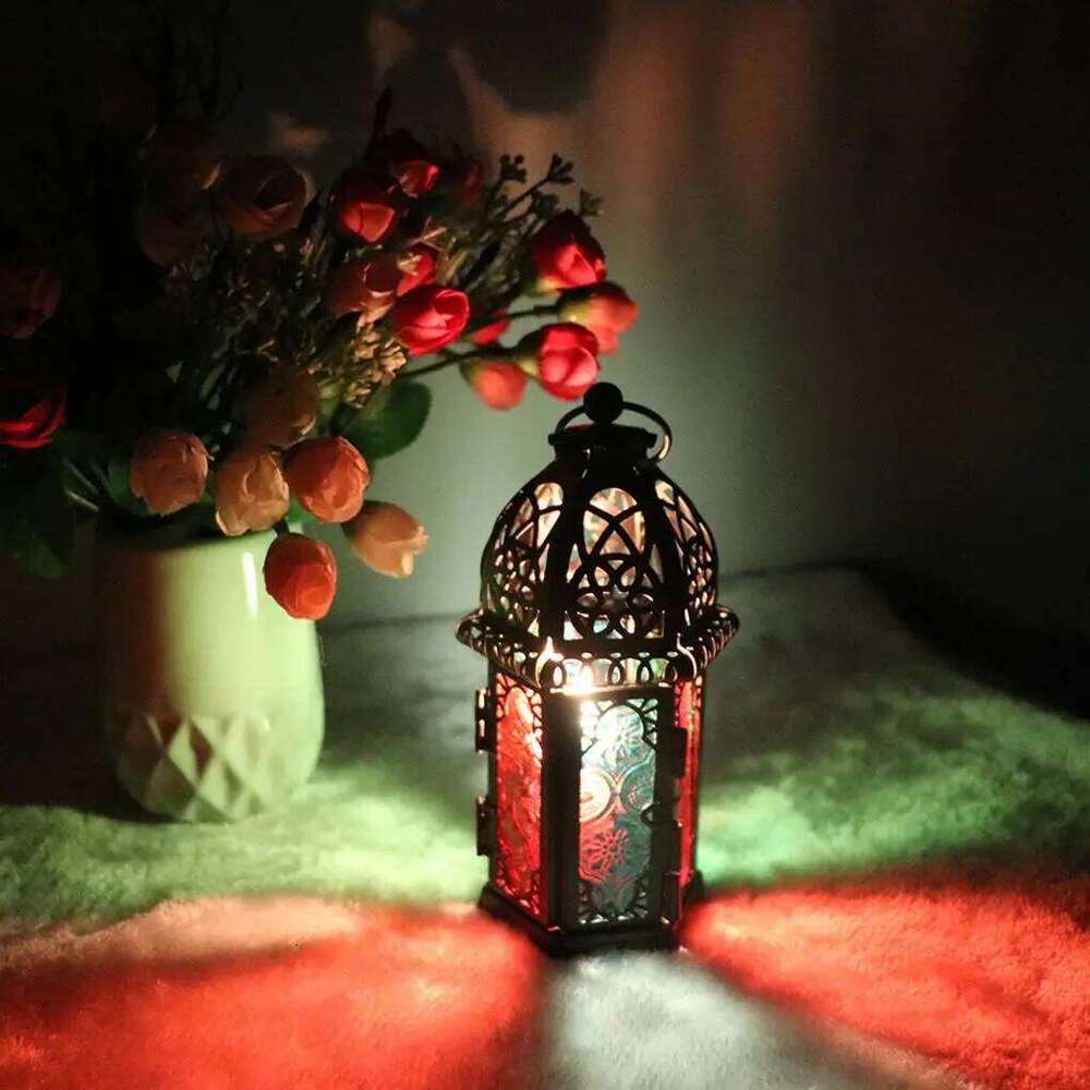 Glass Crystal Moroccan Candlestick Metal Hollow Holder Home Coffee Shop Decoration Iron Hanging Candle Lantern XJ260305