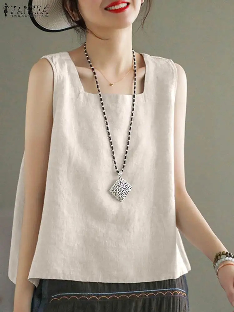 ZANZEA Summer Tanks Tops Women Square Neck Sleeveless Blouse Elegant Cotton Shirt Casual Solid Holiday Beach Blusas Female Tunic 260306