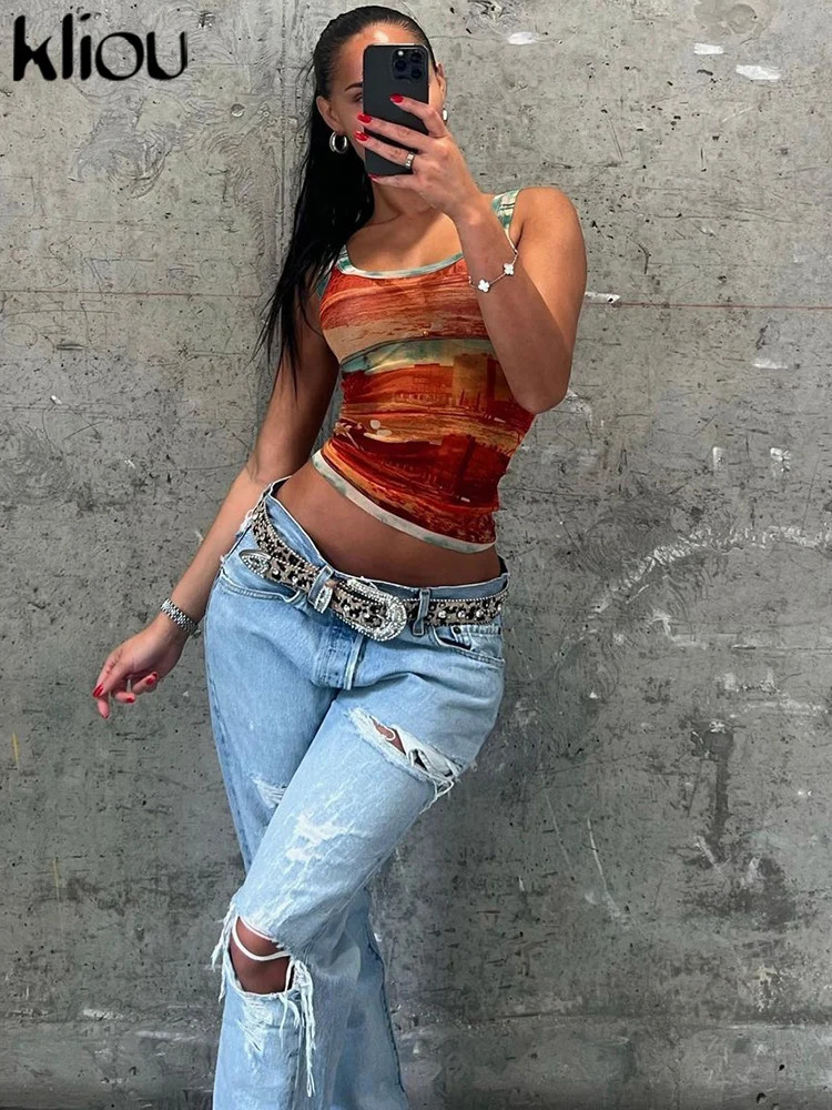 kliou Summer Women Bare Midriff Streetwear Mesh Tanks K24L47278 Girl Vintage Print Fit Vest Miss All-match Crop Tops Tees Attire 260306