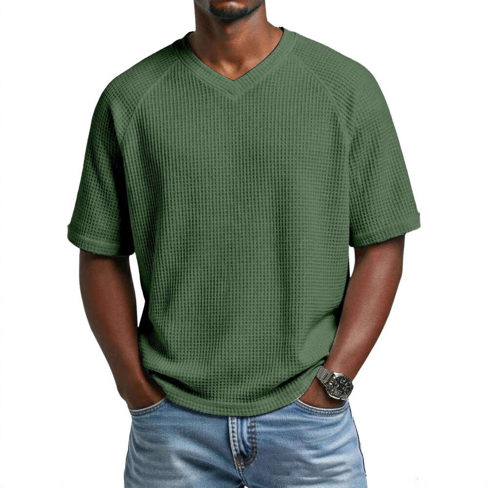 2026 European and American Spring Summer Cross-Border Independent Station Fashion Waffle Knit Raglan V-Neck Short Sleeve Men's T-Shirt