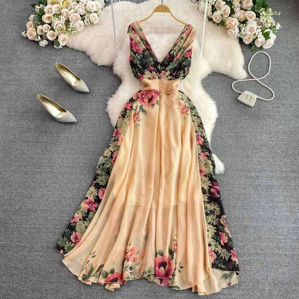 Runway Floral Print Midi Long Dress Summer Women Sleeveless Vest Tank Chiffon Dresses Ladies Mdng260306
