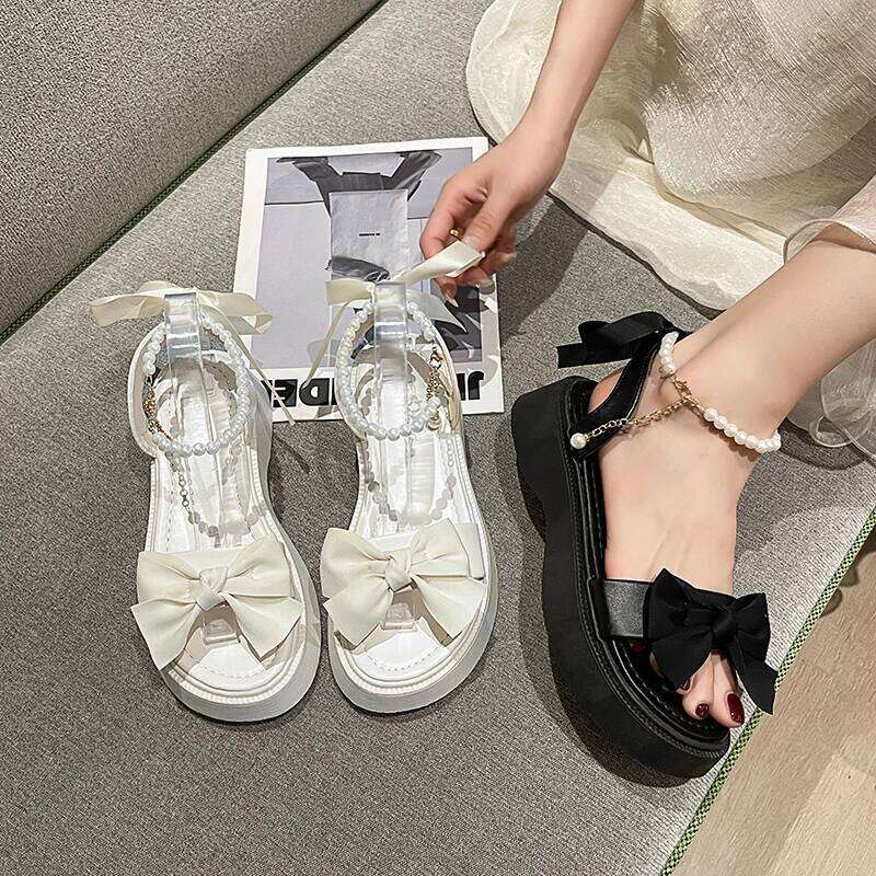 2026 Summer New Bow Design Women's Fashion Thick Bottom Pearl Button Open Toe Sandals