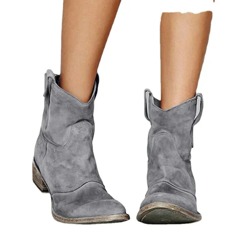 Vintage Cowboy Ankle Boots for Women Pointed Toe Low Heels Western Botas Female Autumn Winter Slip on PU Leather Booties 260303