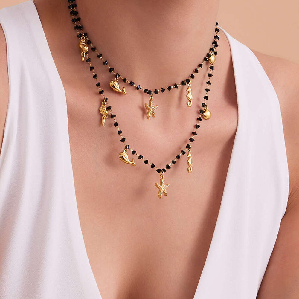Cross-border European And American Fashion Full-diamond Starfish Ocean Series Stainless Steel Pendant Black Crystal Collarbone Chain Necklace