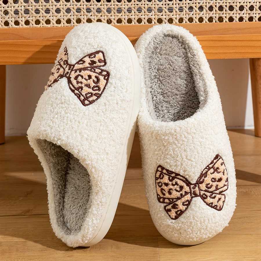 Womens Bow Slippers Warm Pattern Winter Indoor Soft Sole Home Cute Classic Embroidered Comfy casual Fuzzy Bedroom Girls Shoes S260305