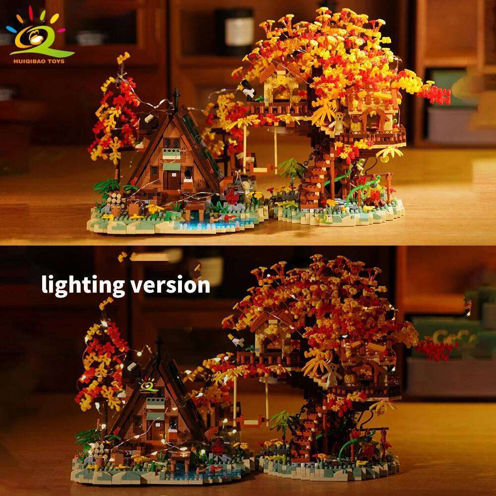 HUIQIBAO MOC Autumn Treehouse Architecture Style Castle House Micro Building Block Brick for Kid Gift Children Construction Toys Z260306