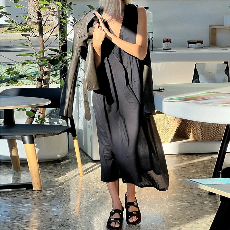 Women Lace V Neck Maxi Dress Boho Flowy Long Dress Summer Loose Sundress Vintage Y2K Aesthetic Going Out Beach A Line Dresses 260306