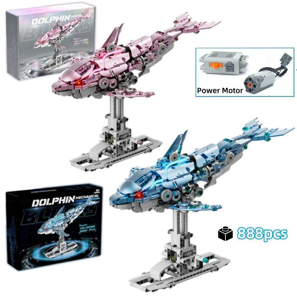 888Pcs Mechanical Dolphin Building Blocks Set With Motor Light Pink Blue Ocean Animal Linkage MOC 3D Desktop Model Gift Idea Z260305