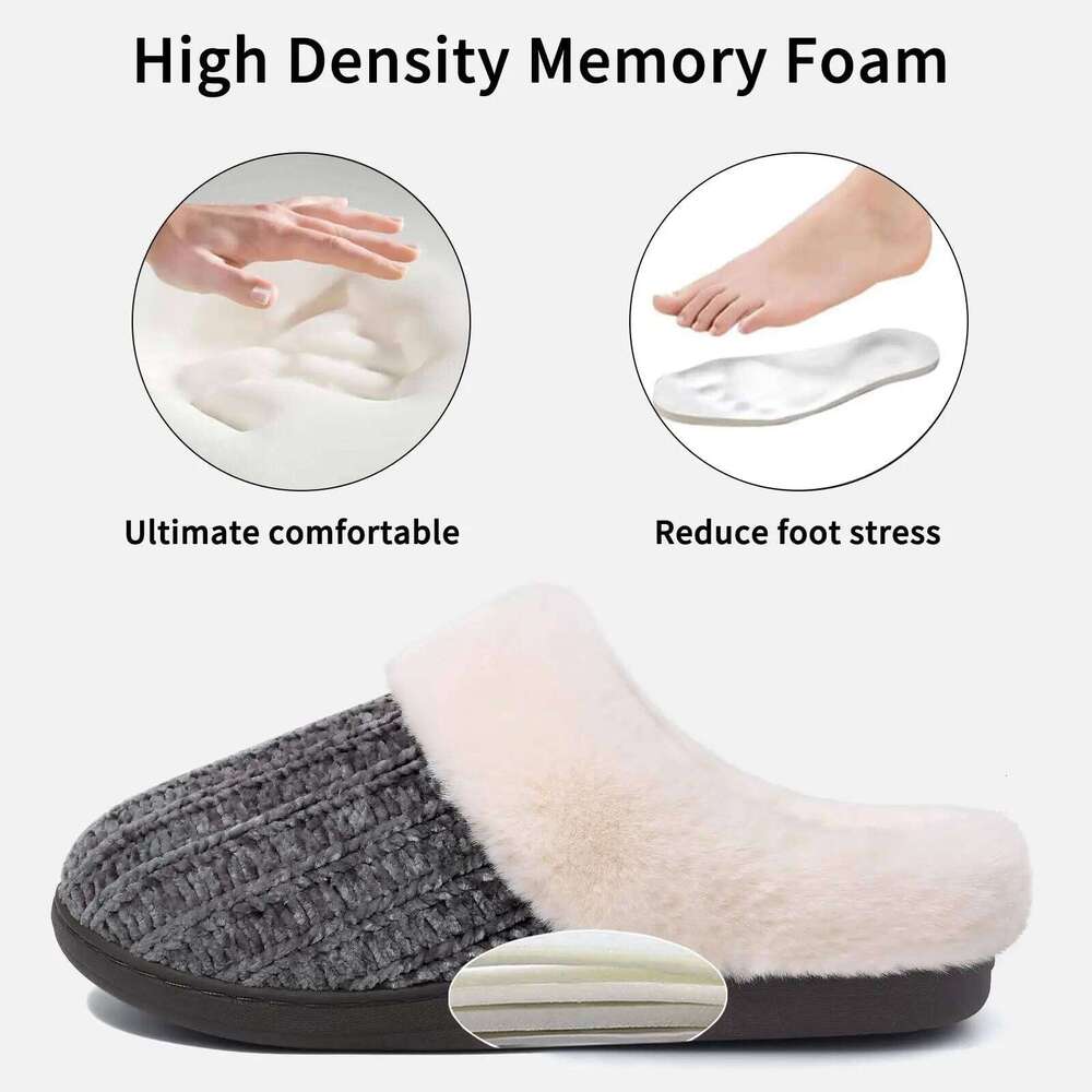 Litfun Winter Furry Slip On Wool-Like Lined Cozy Home Slides Memory Foam Chenille Warm Outdoor Women's Slippers