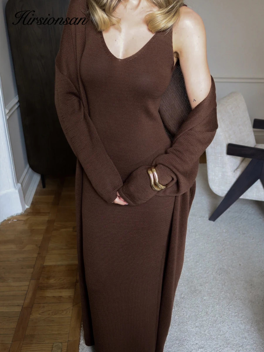 Hirsionsan Soft Loose Sets Women Three Pieces Long Sleeve Cardigan Sexy Vest Dresses Elegant Female Hollow Outfits Tracksuit 260304