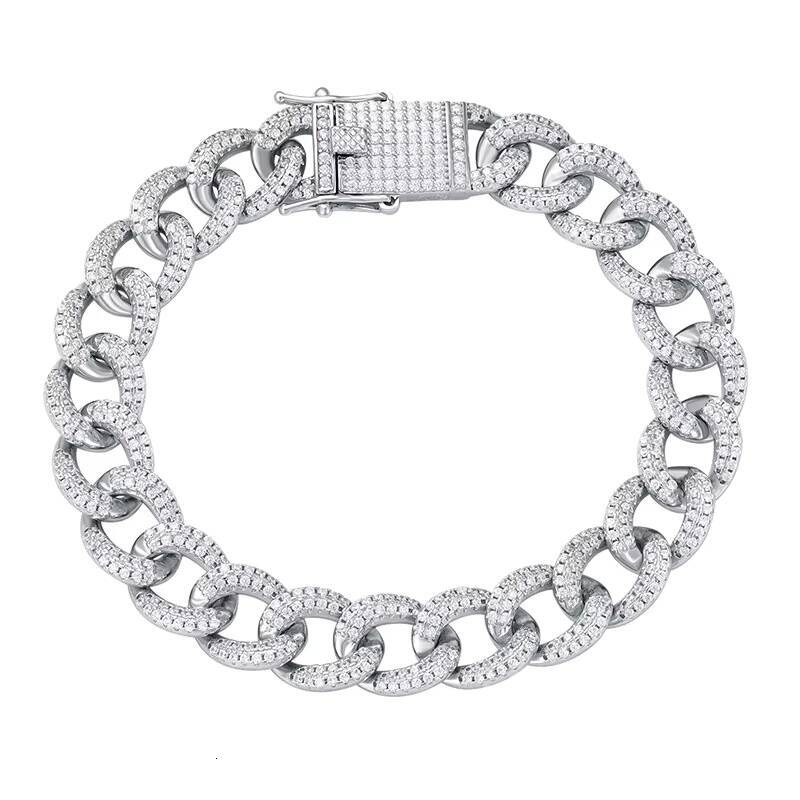 Factory Wholesale Fashion Jewelry 925 Sterling Silver Rhodium Plated 10mm CZ Zircon Cuban Chain Link Bracelet 12/15