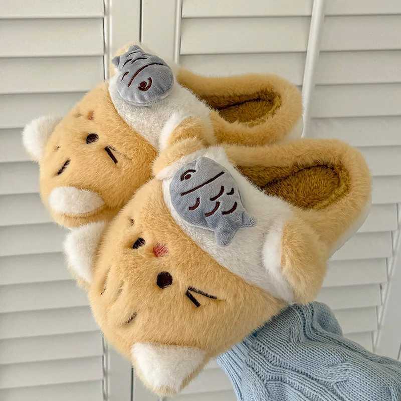 Womens 2025 New Autumn and Winter Cartoon Cute Cat Fluffy Thick Soles Cotton Slippers S260305